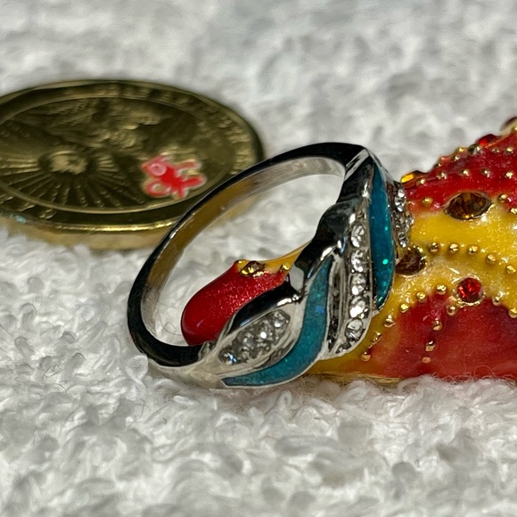 🦋Cute silver plate ring with rhinestone and inlay opal look/costume NWOT - Picture 6 of 10